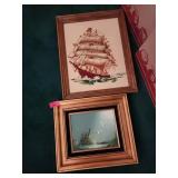 Framed Sailboat Embroidery and Seaside Painting