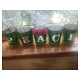 5 Green Glass PEACE Candle Holders