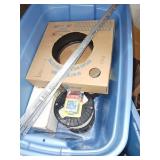 Plastic Tote with Spools, Wire Box, &Metal Strips