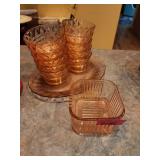 Amber Depression Glass Tumblers and Dish