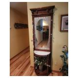 Wood Hall Tree with Etched Mirror and Marble Top