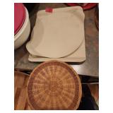 Wicker Basket and Two White Plastic Trays