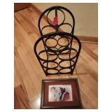 Metal Wine Rack and Framed Santa Print