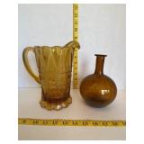 Vintage Amber Glass Pitcher & Vase