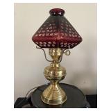 Brass Lamp w/Cranberry & Dots Shade