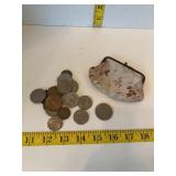 Foreign Coin Lot w/ Vintage Coin Purse