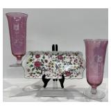 James Kent Old Foley, Cranberry Etched Vases