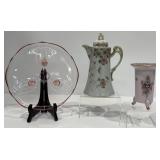 Antique Chocolate Pot, Cake Plate, Lefton Vase