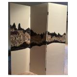 Vintage 3 Panel Room Divider Village Scene