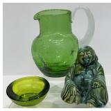 Vintage Green Glass Pitcher & Viking Orb Ashtray