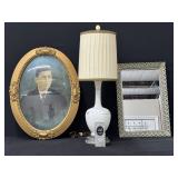 Vintage Hand Painted Lamp, Mirror, Convex Frame