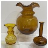 Vintage Hand Blown Amber Glass Ruffle Top Vase