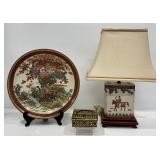 Vintage Asian Lamp, Charger Plate, Tin Bank