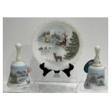 Fenton Hand Painted Winter Scene Bells & Plate