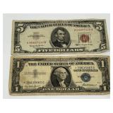 1963 Red Seal $5 & 1957 $1 Silver Certificate