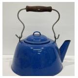 Vintage Speckled Blue Enamelware Tea Kettle