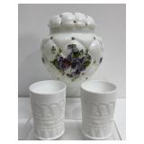 Hand Painted Quilted Milk Glass Jar, Tumblers