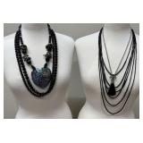 Vintage Boho Abalone Necklace,Black Beaded Jewelry