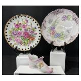 Vintage Hand-Painted Porcelain Plates & Shoe