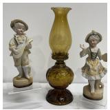 Vintage Bisque Figurines, Amber Glass Oil Lamp