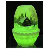 Fenton Custard Hand Painted Fairy Lamp, Church