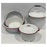 Vintage White and Red Enamelware Pots & Pans