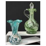 Vintage Green & White Blown Glass Cruet, Vase