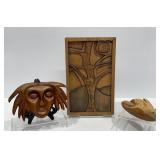 Vintage Carved Wood Sun Face, Wall Sculpture, Bird