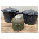 Vintage Green Metal Jug, Enamelware Stock Pots