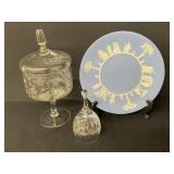 Wedgewood Plate, Etched Crystal Candy Dish & Bell