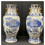 Vintage Signed Blue,White & Gold Chinoiserie Vases
