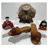 Vintage Japanese Hina Dolls, Carved Asian Slippers