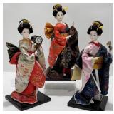 Mid Century Japanese Geisha Silk Dolls, Fan, Drum