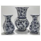 Vintage Blue & White Chinese Hexagonal Vases
