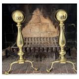 Pair of Elegant Brass Canon Ball Claw Andirons