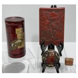 Japanese Tea Caddy, Red Carved Lacquer Box