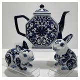 Blue & White Ceramic Rabbits, Octagon Teapot