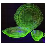Vintge Uranium Cameo Glass Bowl, Platter, Teacup