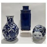 Vintage Asian Vase, Blue & White Porcelain Cat
