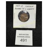 1957 'D' - Lincoln Cent - Blobbed In B In Liberty