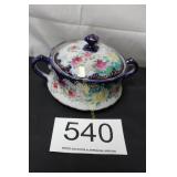 Antique Porcelain Floral Navy Blue Trinket Jar