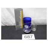 Cobalt Glass Candle w/Santa & Reindeer