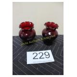 Pair of Vtg. A/H Ruby Red Ruffled Edge Vases