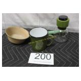 Group of Enamelware & Pyrex Jar