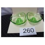 Pair of MCM Triangular Clear Green Candleholders
