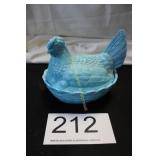 Vintage Blue Slag Glass Hen on Nest Dish