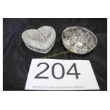 (2) Pc. Vtg. Pressed Glass Heart Box & Flower Frog