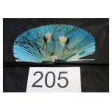 Folding Hand Fan - Blue w/Bird & Floral