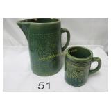 Green Glazed Relief Stoneware Pitcher & Mug