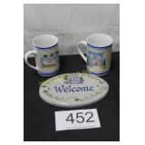 Vintage Bistro Mugs & Welcome Plaque
